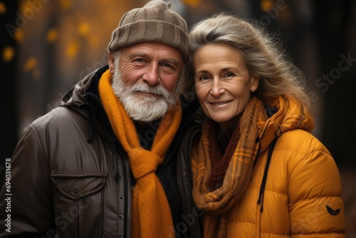A couple exudes warmth and style as they pose for a picture  their faces radiating joy and their winter attire adding a touch of sophistication to the outdoor scene