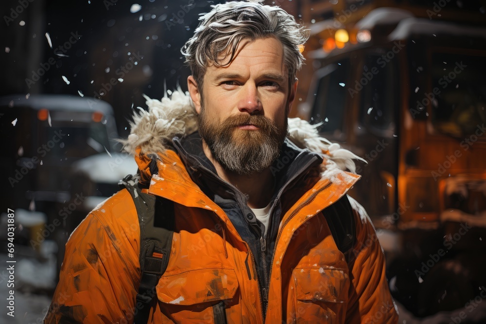 A rugged man with a thick beard and warm winter clothing, sporting an orange jacket, stands confidently in the snowy outdoor landscape