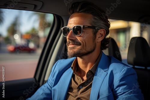 A stylish man sporting a blue suit and sunglasses stands confidently next to his sleek car on a bustling city street, exuding a cool and sophisticated aura © familymedia