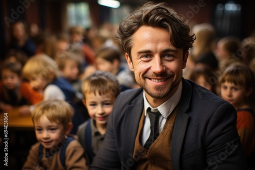 A cheerful man beams with delight while surrounded by a group of playful and innocent children, showcasing the pure joy of human connection and the power of a simple smile