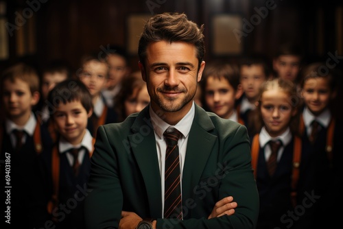A dapper gentleman in a sleek suit and tie stands confidently among a group of playful children, exuding both professionalism and warmth through his human face and genuine smile