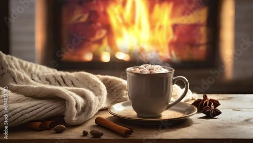 marshmallow on cup, Hot chocolate on table near blanket knitted cup of hot coffee with steam on a wooden table close to a fireplace, warm a home cozy and calm evening, holidays winter atmosphere 