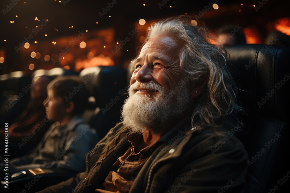 A bearded man sits indoors, his face adorned with wrinkles and a content smile, his long hair framing his human features and unique style