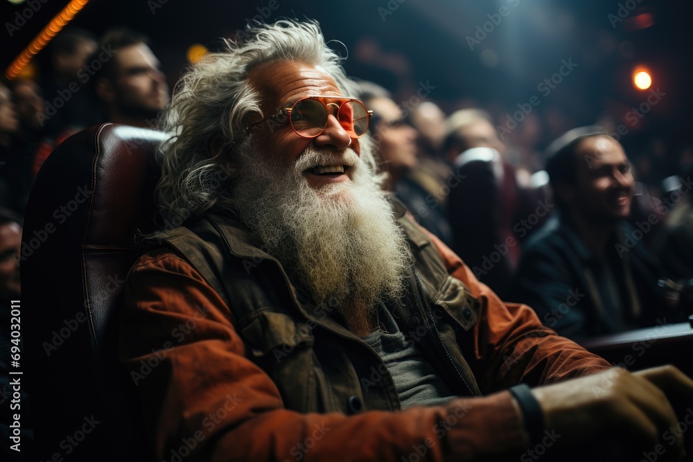 A bearded man with red glasses sits in the dimly lit theater, his facial hair adding to the mystique as he eagerly awaits the start of the concert