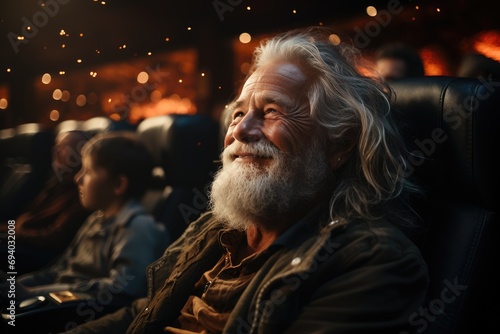 A bearded man sits indoors, his face adorned with wrinkles and a content smile, his long hair framing his human features and unique style
