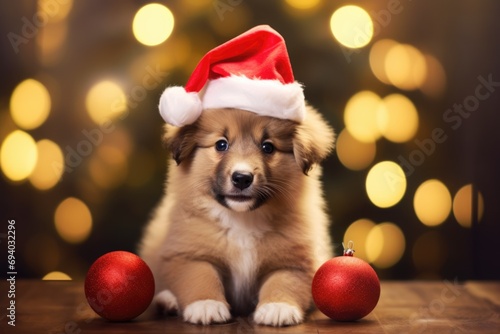 Adorable dog wearing Santa hats at room decorated for Christmas comeliness © Summit Art Creations