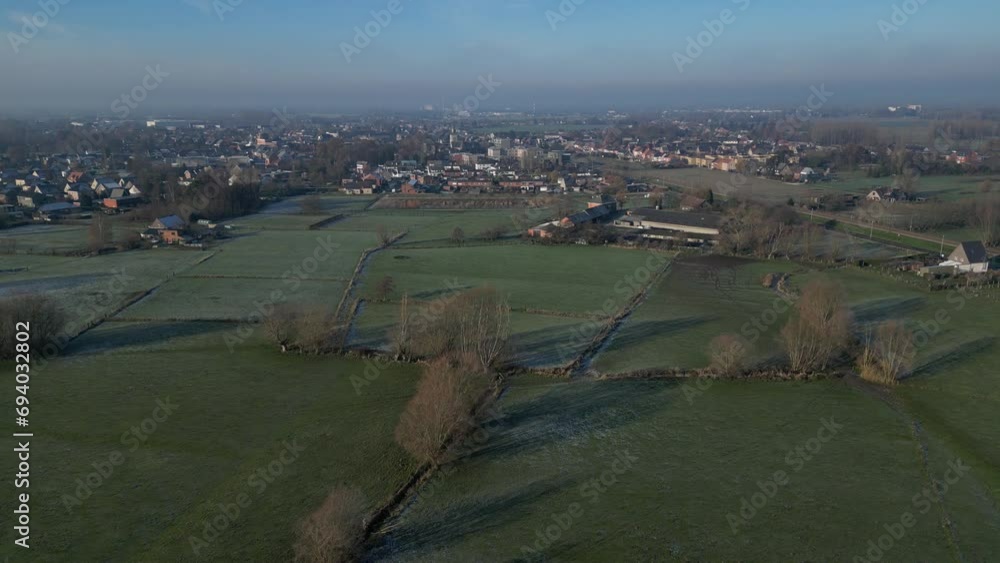 Rural Village Small City Frozen Winter Day Flying Towards Panning Aerial Drone Rural Village Small City Frozen Winter Day Flying Towards Panning Aerial Drone