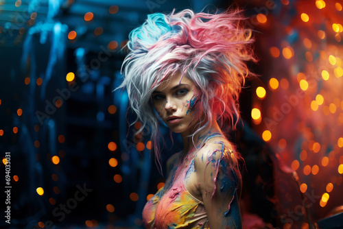 Colorful artistic portrait of a young beautiful woman, multicolored background, hairstyle, makeup and face art