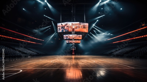 Center led tv display on top of basketball court. Generative AI. photo