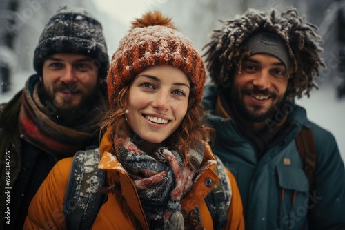 A cheerful group of friends huddle together, their warm winter attire and cozy beanies contrasting against the snowy outdoor backdrop, with smiles on their faces and snowflakes in their hair