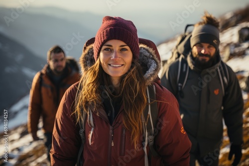 A group of adventurers braves the wintry mountains, bundled up in jackets and beanies, while a woman in a vibrant red hat stands out with a smile on her face against the snowy backdrop