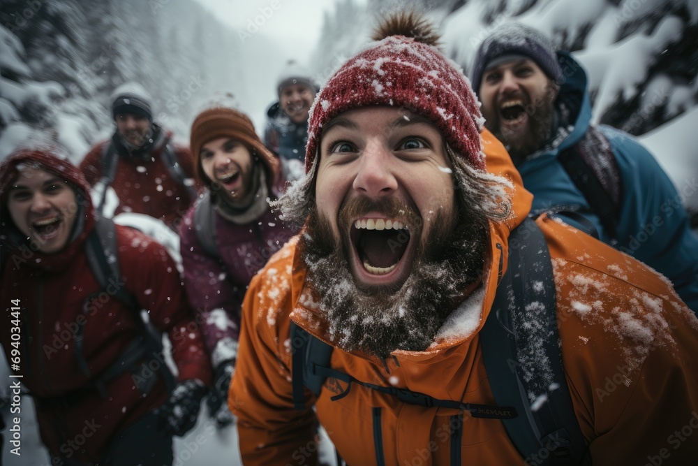 Amidst a wintry wonderland, a smiling group of bundled individuals braves the cold, their faces glowing with warmth and joy