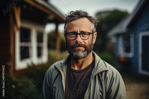 A rugged man with a distinguished beard and glasses gazes thoughtfully out the window of his house, his moustache bristling in the cool outdoor air as he contemplates the busy street below photo