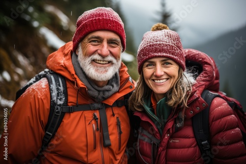 A couple embraces the winter chill, their beaming smiles hidden behind knit caps and scarves, standing strong in their red jackets against the snowy landscape
