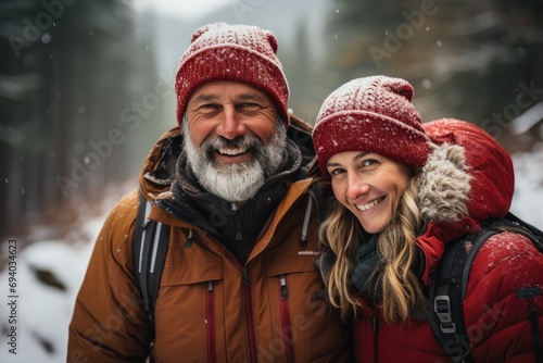 A couple braving the cold winter air, their faces adorned with smiles and cozy knit hats, stand in a sea of snow wearing vibrant jackets and hats while the man's rugged beard adds a touch of warmth t