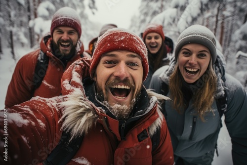 A joyful group braving the winter chill, huddled together in cozy jackets, flashing bright smiles as they capture a moment of togetherness in the snowy outdoors