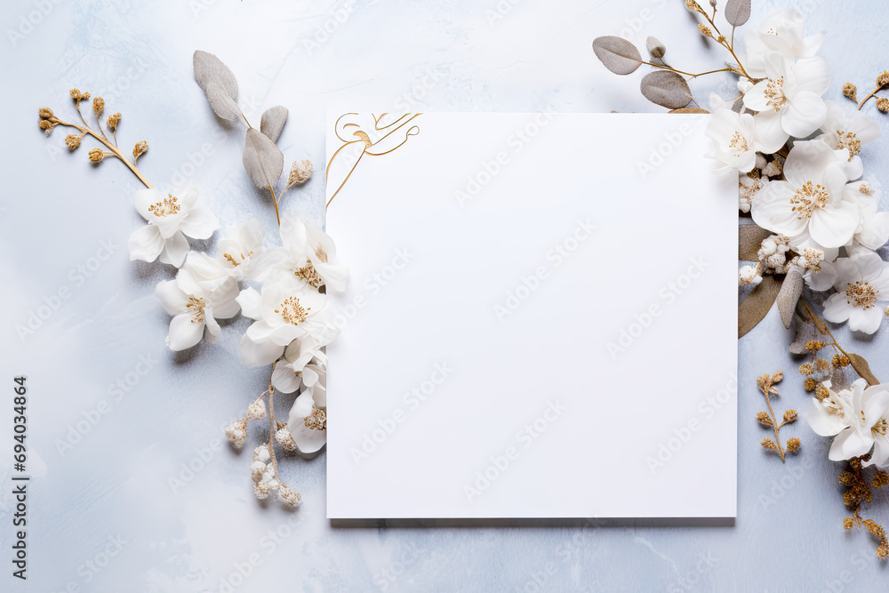 white winter  flowers and blank card, card mock up