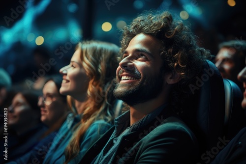 A diverse group of individuals, each with a unique human face and clothing, sit in a row with smiles on their faces as they join the excited crowd at a concert, surrounded by darkness and immersed in