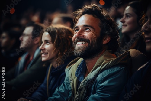 A diverse crowd gathered in the dark, smiling and dressed in various styles, their human faces illuminated by the stage lights as they eagerly awaited the music at the concert