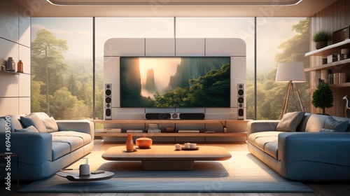 Modern living room with tv setup. Generative AI.