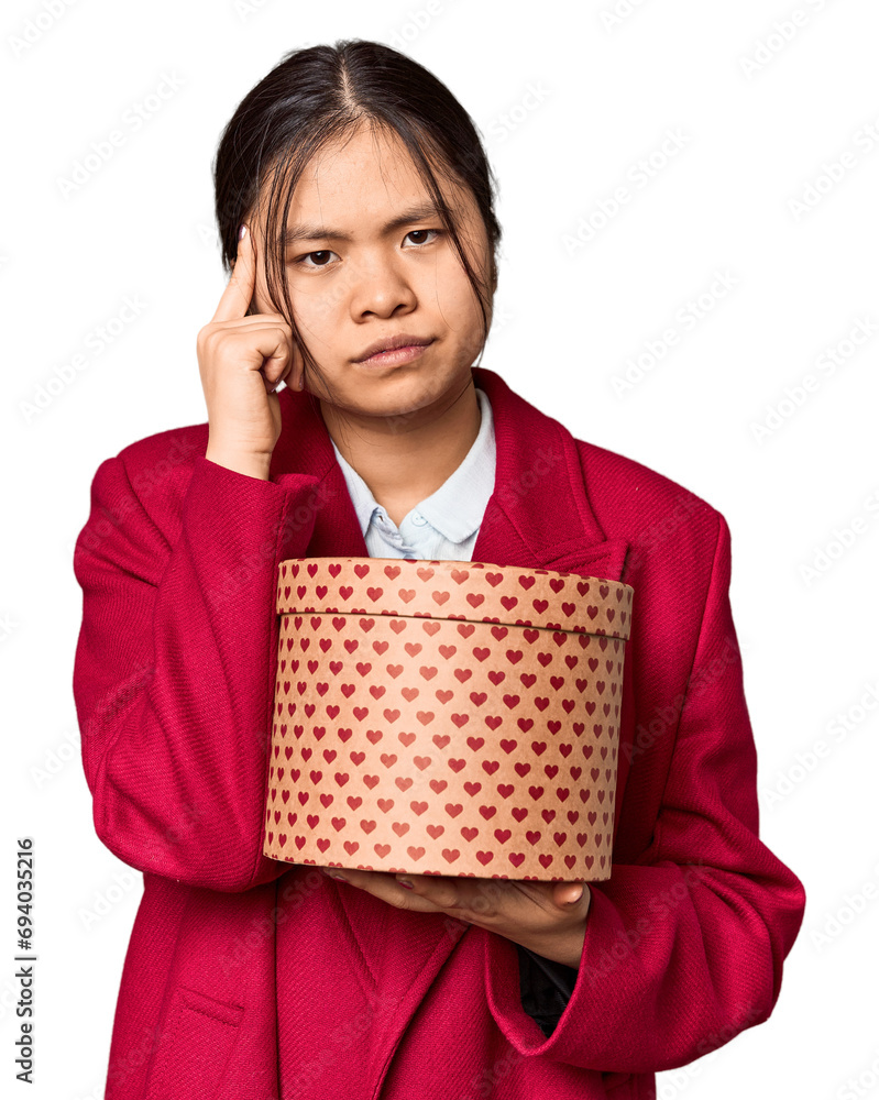 Chinese woman with Valentine's gift box pointing temple with finger, thinking, focused on a task. Chinese woman with Valentine's gift box pointing temple with finger, thinking, focused on a task.