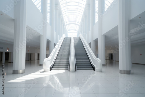Stadium entrance columns escalators white. Generative AI. photo