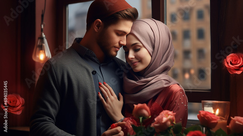 Young muslim couple in love kissing and hugging near the window. photo