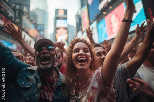 Wallpaper Mural People celebrating soccer in front of Times Square New York. Generative AI. Torontodigital.ca