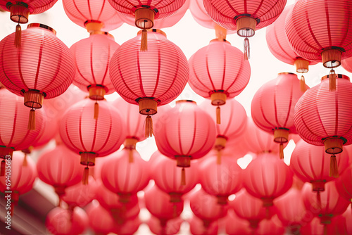 Rows of pink red Chinese lanterns hanging, Chinese new Year celebration 