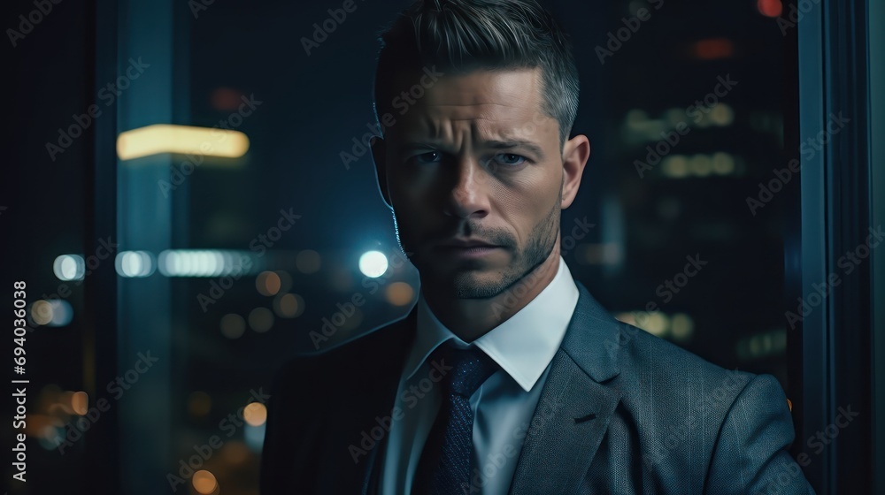 Close Up Portrait of Handsome Caucasian Businessman in Stylish Suit Posing Next to Window in Big City Office with Skyscrapers Late At Night. Male CEO Smiling And Looking At Camera Close Up Portrait of Handsome Caucasian Businessman in Stylish Suit Posing Next to Window in Big City Office with Skyscrapers Late At Night. Male CEO Smiling And Looking At Camera