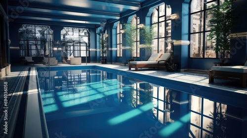 Luxury indoor swimming pool with dark blue and light blue decoration. Generative AI.