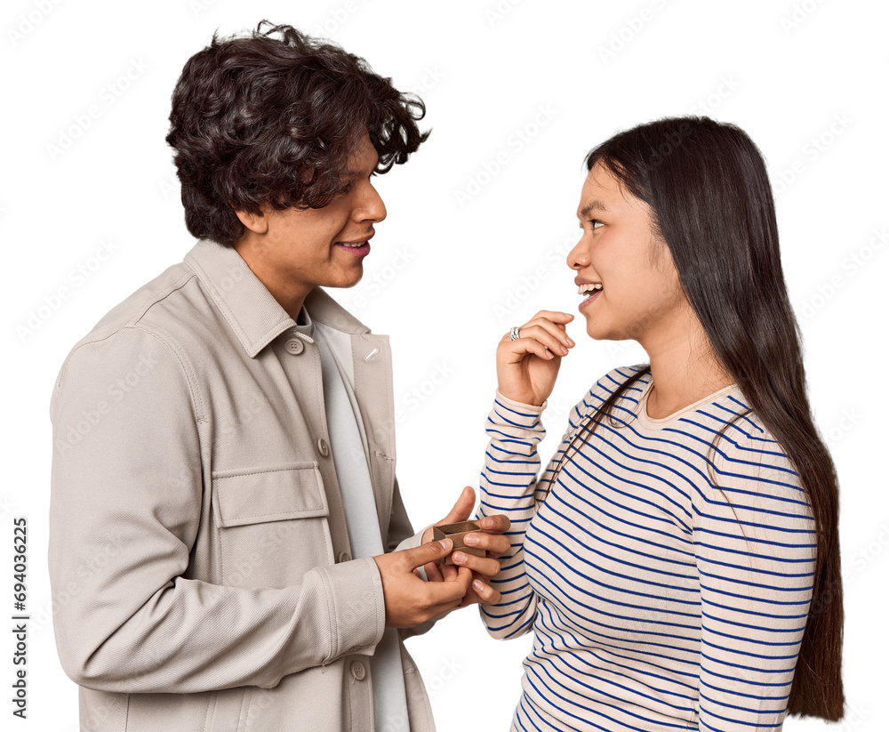 Latino man proposing to Chinese woman, Valentine's theme Latino man proposing to Chinese woman, Valentine's theme