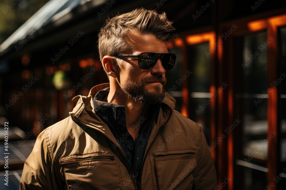 A stylish man with a rugged beard and mustache, donning sunglasses and a jacket, stands confidently on the busy street, his face hidden but his presence commanding in front of the urban backdrop