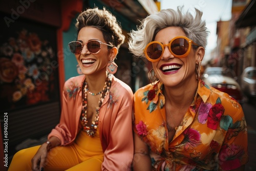 Two stylish women radiating confidence and joy as they don fashionable eyewear and bask in the sun's warm embrace