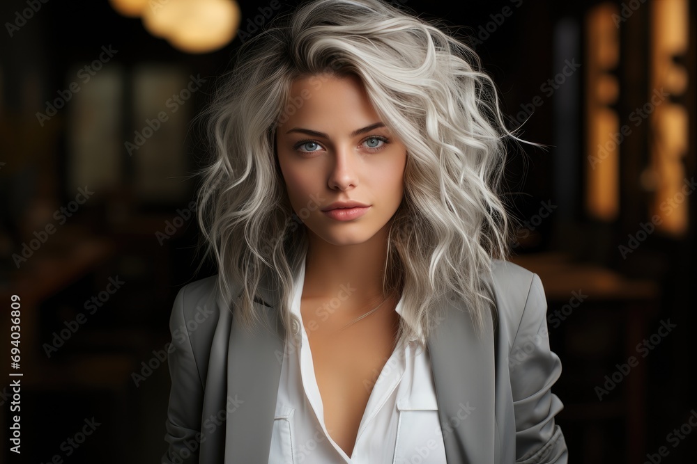 A stunning fashion model with long, layered blonde hair wears a chic outfit and poses for a portrait photography shoot, captivating the viewer with her piercing brown eyes and bold lip color