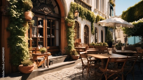 Fototapeta Naklejka Na Ścianę i Meble -  A corner the outside of an ancient cafe. Generative AI.
