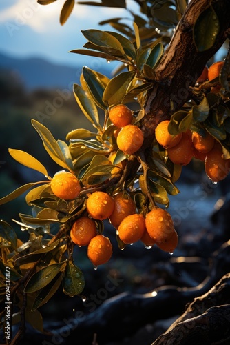 A vibrant autumn tree adorned with clusters of juicy, tangy calamondin and valencia oranges, offering a bittersweet reminder of the fleeting season of abundance photo