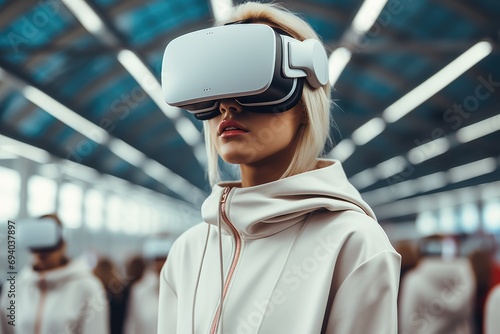 A fashion influencer wear a virtual reality within a transport hub. Generative AI.