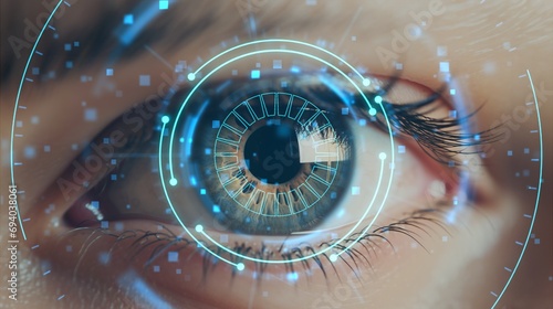 a close up of a person's eye with a futuristic eye scanning technology