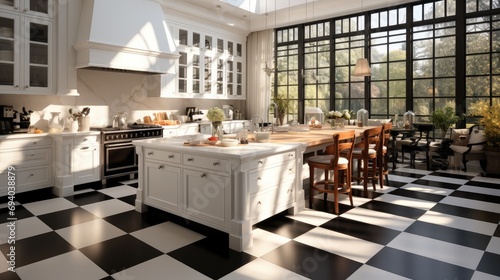 A modern kitchen with a striking black and white checkerboard floor. Generative AI. photo