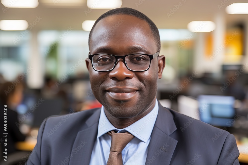 Smiling Black Office Worker with a Positive Attitude in a Well-lit Modern Office Setting Smiling Black Office Worker with a Positive Attitude in a Well-lit Modern Office Setting