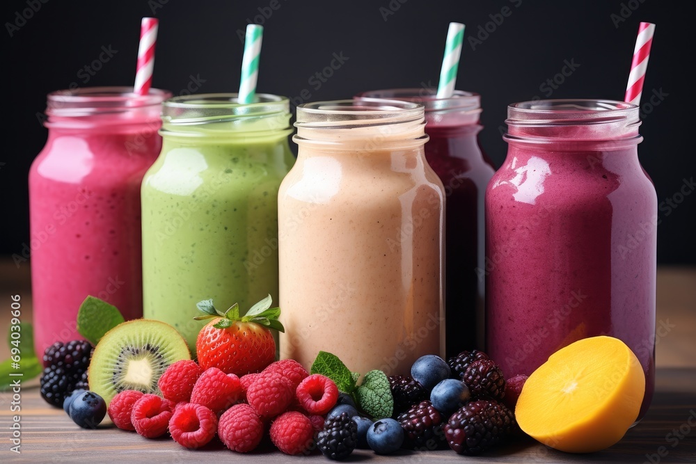 Smoothies fruit, Diet products, Exercise, Healthy food. Generative AI. Smoothies fruit, Diet products, Exercise, Healthy food. Generative AI.
