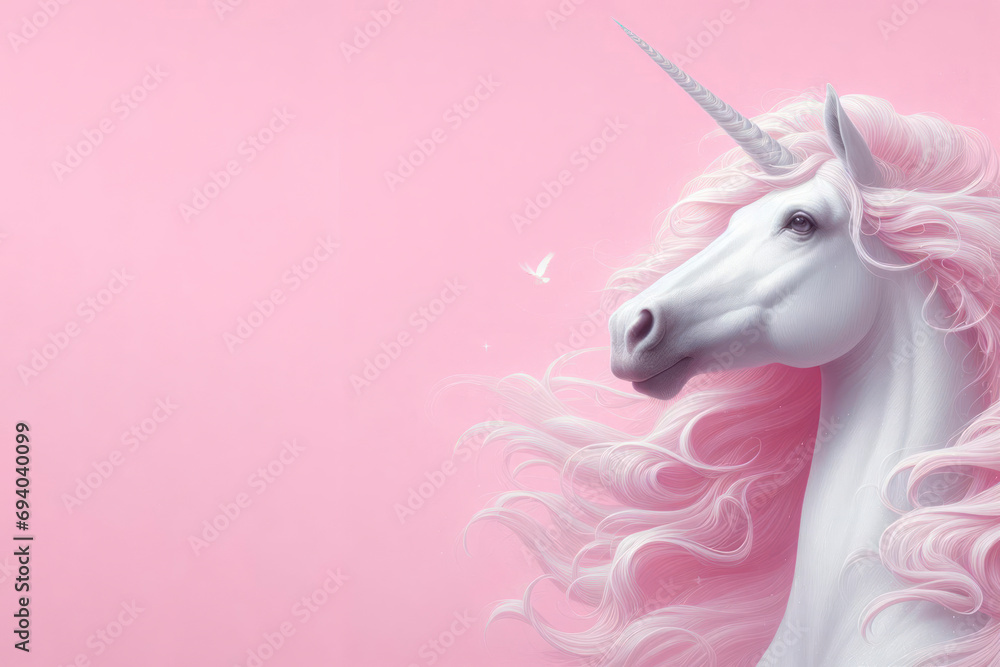 white unicorn portrait, panoramic pink layout. ai generative