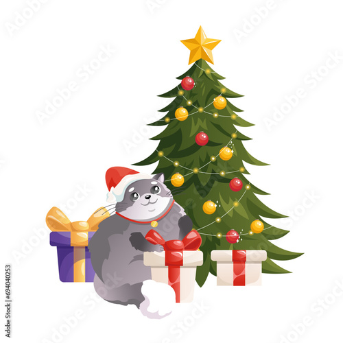 A cute fluffy cat in a Santa hat under a Christmas tree surrounded by gift boxes. Festive vector illustration for a cartoon-style postcard