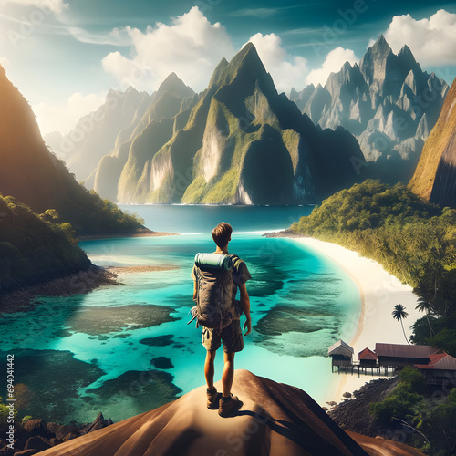 Wallpaper Mural A backpacker in hiking gear, stands on a tropical beach with majestic mountains in the background, evoking a sense of adventure and exploration Torontodigital.ca