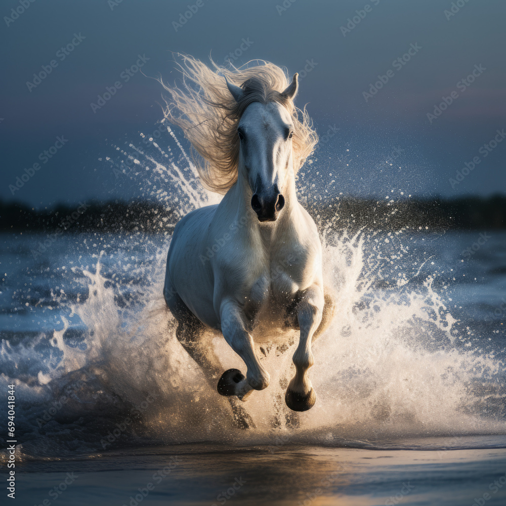 Fototapeta premium A white horse gallops on the water.