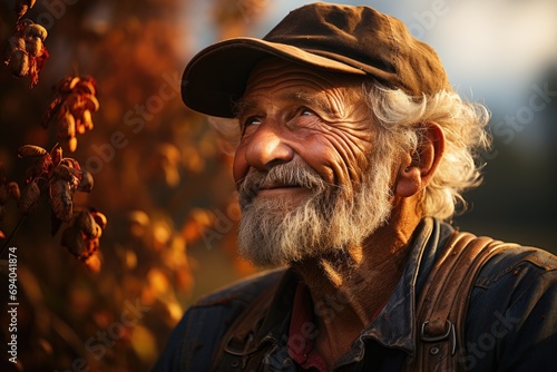 An aged man gazes upward with a contemplative expression, his weathered face adorned with a bushy beard and stylish glasses, as he stands in the crisp autumn air, sporting a fashionable hat and moust photo