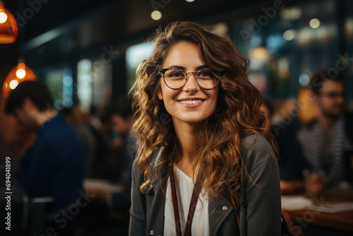 A stylish woman confidently showcases her eyewear while radiating warmth and joy towards the camera, capturing the essence of fashion and vision care in an indoor setting