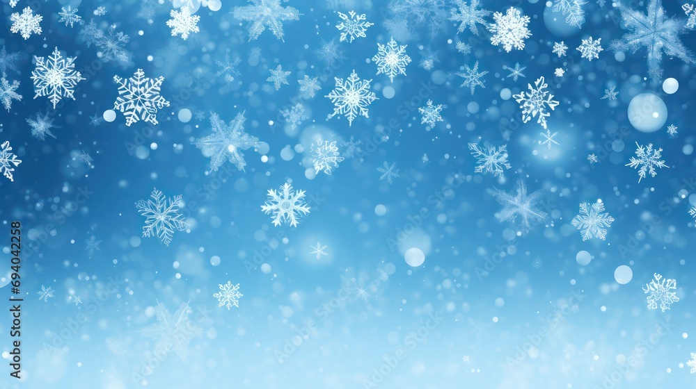 Beautiful snowflakes, lights and bokeh on blue gradient winter background.