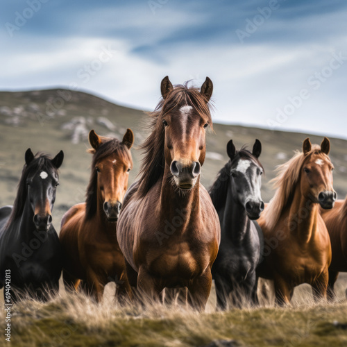 A herd of wild horses in the mountains.